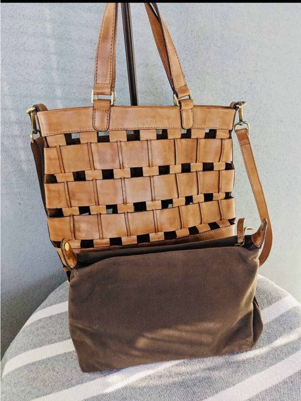 Tan Woven Leather Handbag/Shoulder Bag